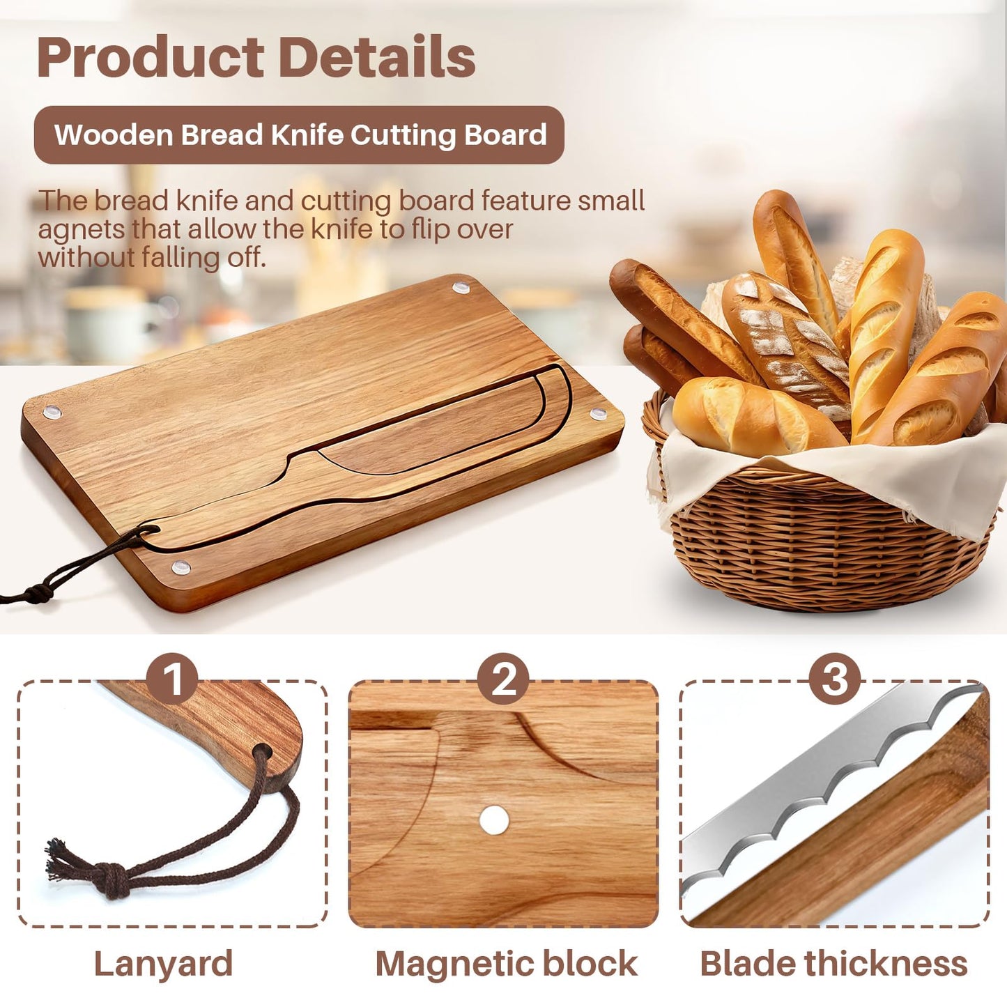 Yonent Wooden Bread Cutting Board with Bow Bread Slicer Set, Includes 2 Stainless Steel Blades and Removable Knife for Slicing Homemade Sourdough, Baguettes and Artisan Bread