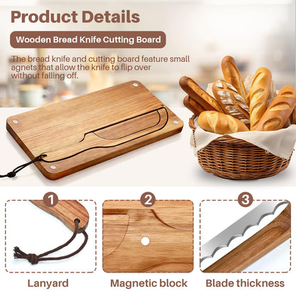 Yonent Wooden Bread Cutting Board with Bow Bread Slicer Set, Includes 2 Stainless Steel Blades and Removable Knife for Slicing Homemade Sourdough, Baguettes and Artisan Bread