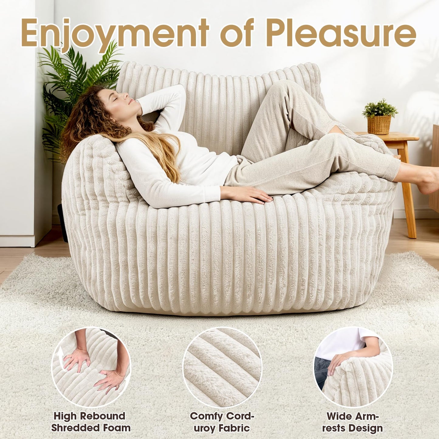 LuxMoment Giant Bean Bag Chair with Ottoman, Oversized Plush Comfy Bean Bag Sofa for Adults and Kids, Memory Foam Mini Couch Single Lounges for Living Room, Bedroom & Game Room(Beige)