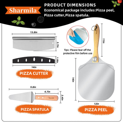 Sharmila Pizza Peel 12 Inch, Aluminum Pizza Paddle with Foldable Wooden Handle,Pizza Rocker Cutter,and Metal Pizza Spatula-Ideal for Family Pizza Oven Baking,Dough,Bread & Pastry