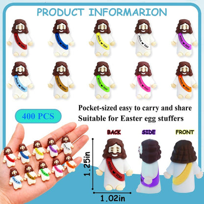 TFengfly 50 Pcs Little Jesus Figures Small Easter Jesus Loves You Toys 10 Colors Mini Rubber Jesus Miniatures to Hide and Seek Religious Gift Party Favors Easter Egg Stuffers Sunday School (50)