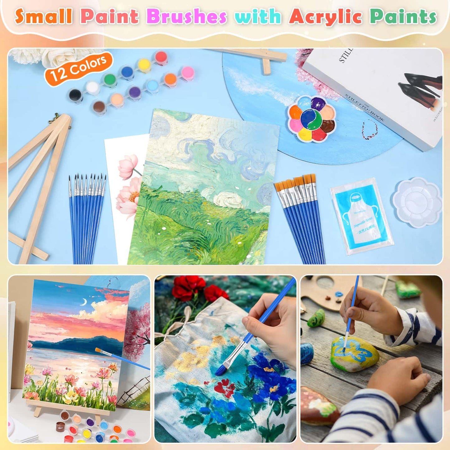 10 Pack 8x10 Inch Canvas and Easel Set, Art Canvas Boards Bulk with Easel Stand, Mini Acrylic Paint & Brushes Set, Paint Trays, Sip and Paint Kit for Adults Couples Day Night Paint Party