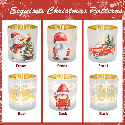 Regine Switzerland Christmas Votive Candle Holders - Set of 3 White, Gold & Red Glass for Holiday Decor | Gnome, Truck & Snowman Designs