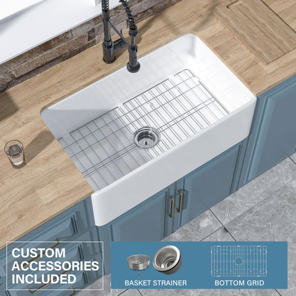 HOMLYLINK White Farmhouse Sink 30 x 18 Inch, Firecaly Apron Front Undermount Farm Kitchen Sink Single Bowl, with Custom Accessories 2 Types, for Kitchen, Laundry, Small Space