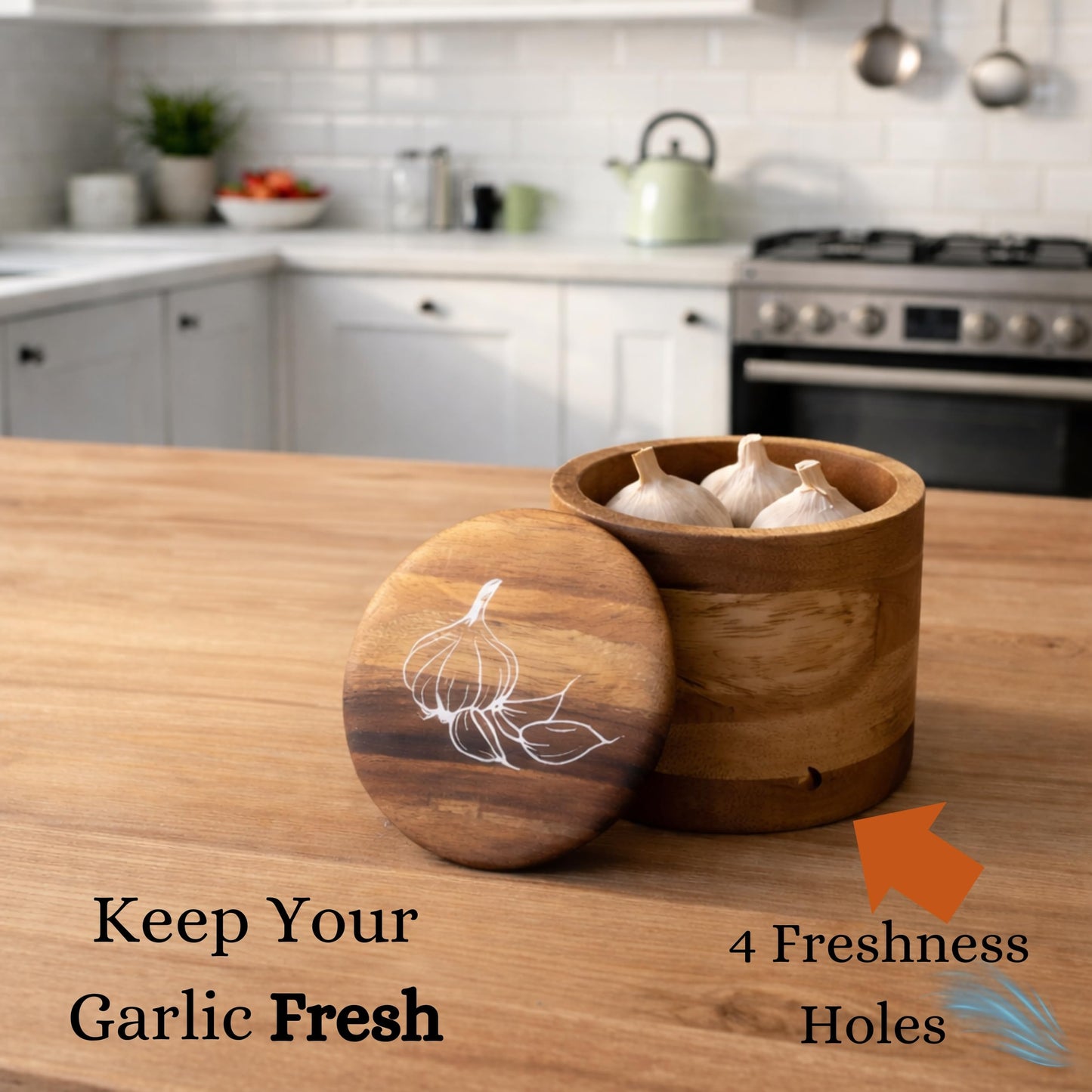 Jean Lemond Introducing The Always Fresh Acacia Garlic Keeper For Counter. A Crafted Small / Regular Garlic Storage Jar. A Rustic Garlic Holder Container Pot Saver With Lid. (Regular (Fits 3 Bulbs))