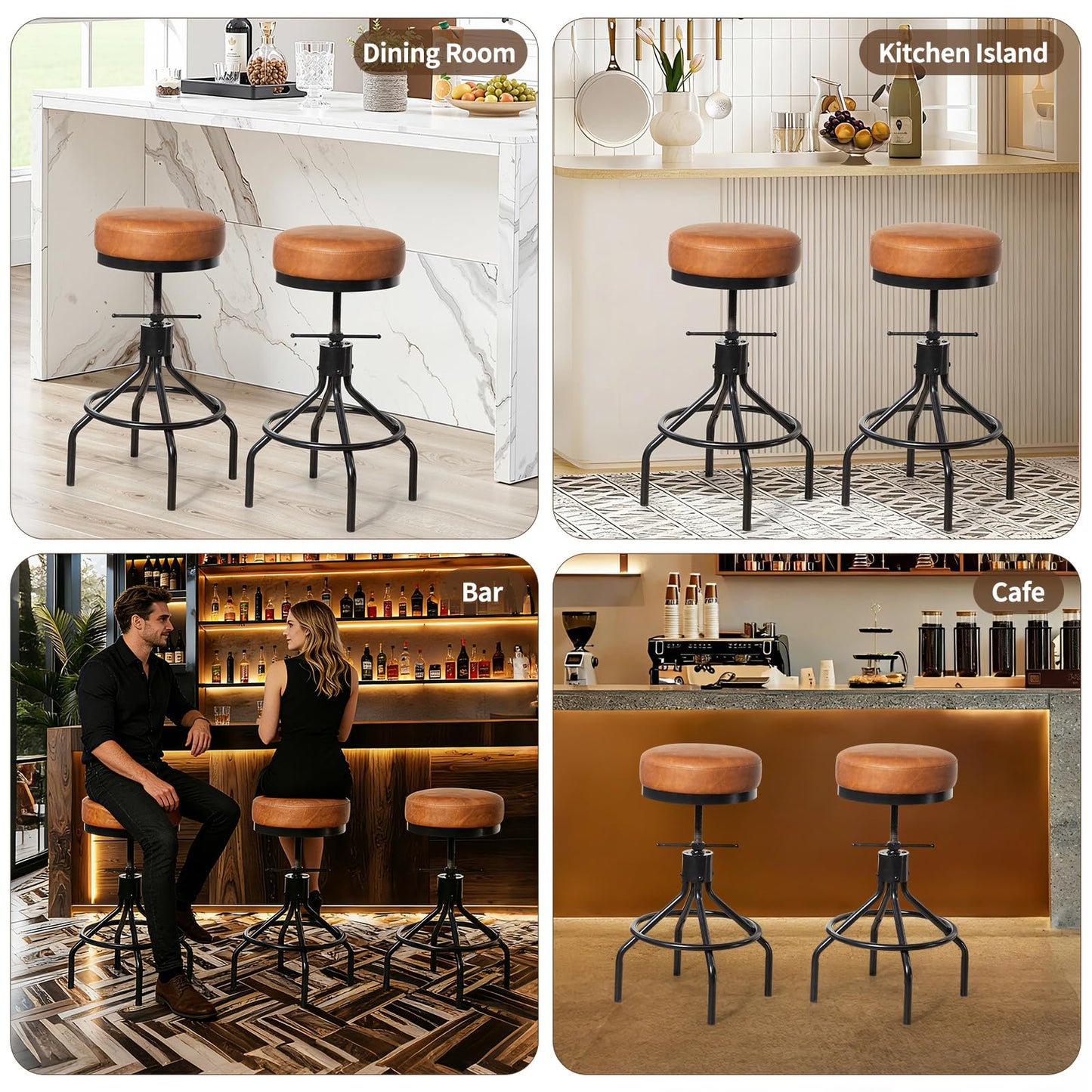 Adjustable Height Bar Stools Set of 3, Swivel Modern Industrial Barstools, Upholstered PU Leather Bar Chairs, Counter Height Stools 22-28 Inch for Kitchen Island, Dining Room (MY-D017-Brown-3)