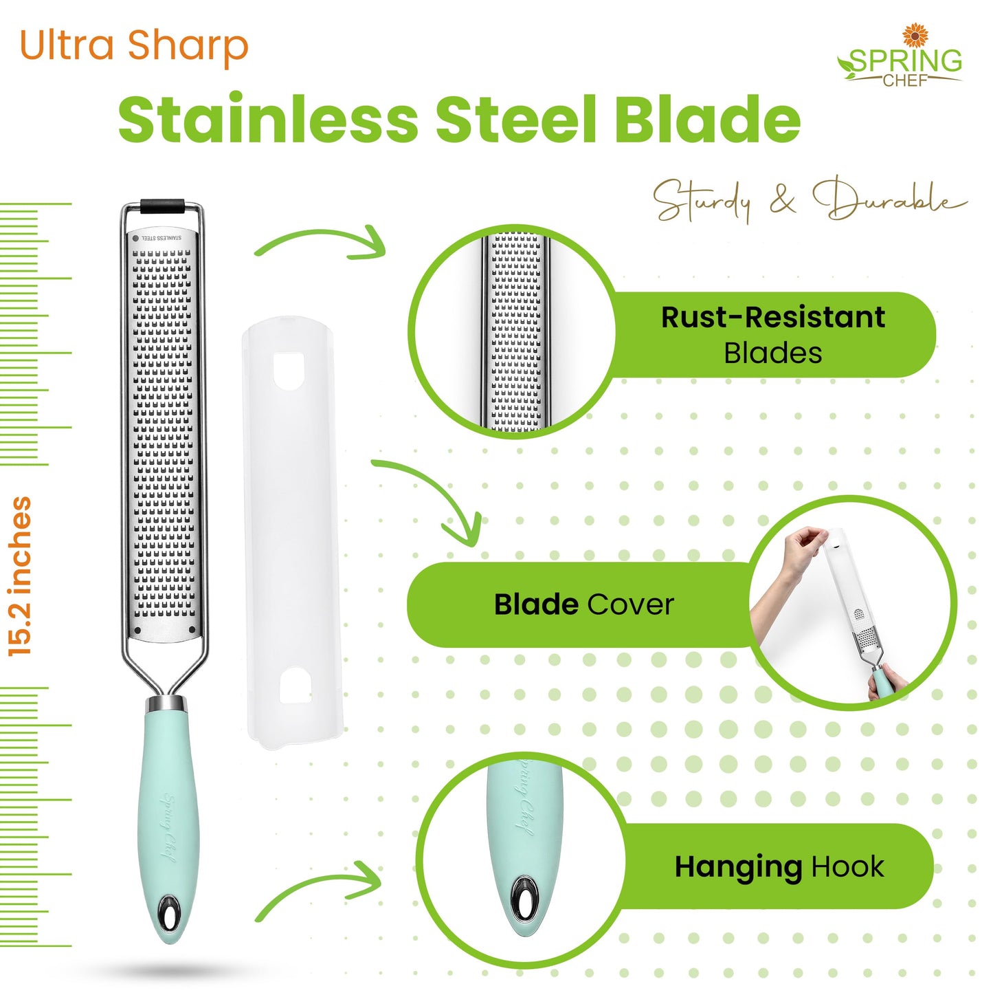 Spring Chef Stainless Steel Lemon Zester Grater with Handle - Garlic, Cheese, Parmesan, Nutmeg, Lime, Ginger Grater - Heavy Duty Kitchen Tool - Citrus Zester with Blade Cover - Fine Shred - Mint