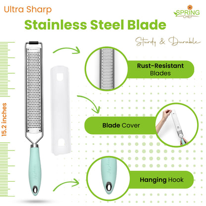 Spring Chef Stainless Steel Lemon Zester Grater with Handle - Garlic, Cheese, Parmesan, Nutmeg, Lime, Ginger Grater - Heavy Duty Kitchen Tool - Citrus Zester with Blade Cover - Fine Shred - Mint