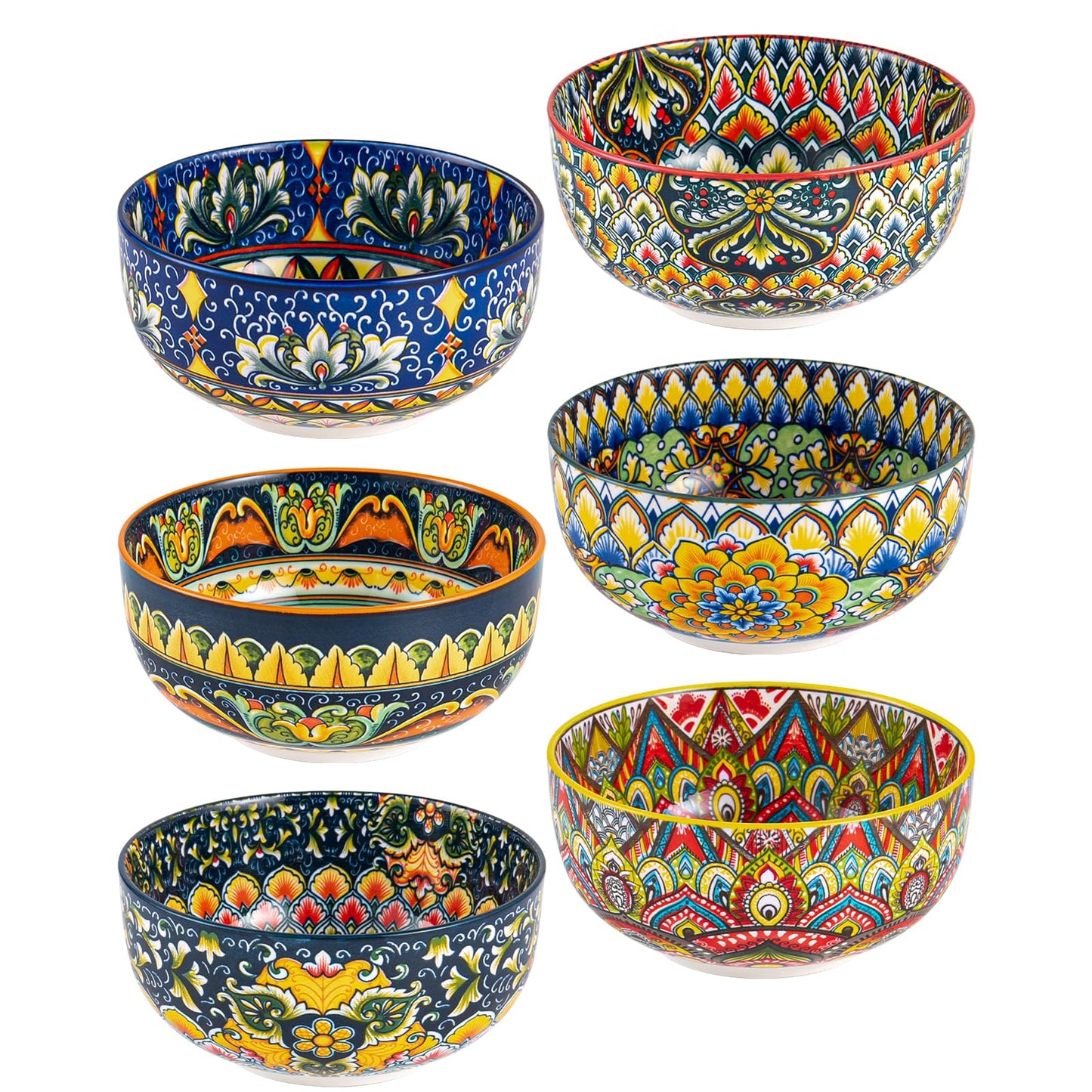 Henten Home Ceramic 28 oz Soup Bowls, Boho Style Cereal Bowl Set, Colorful Serving Bowls for Salad, Pasta, Rice, Set of 6, Dishwasher & Microwave Safe