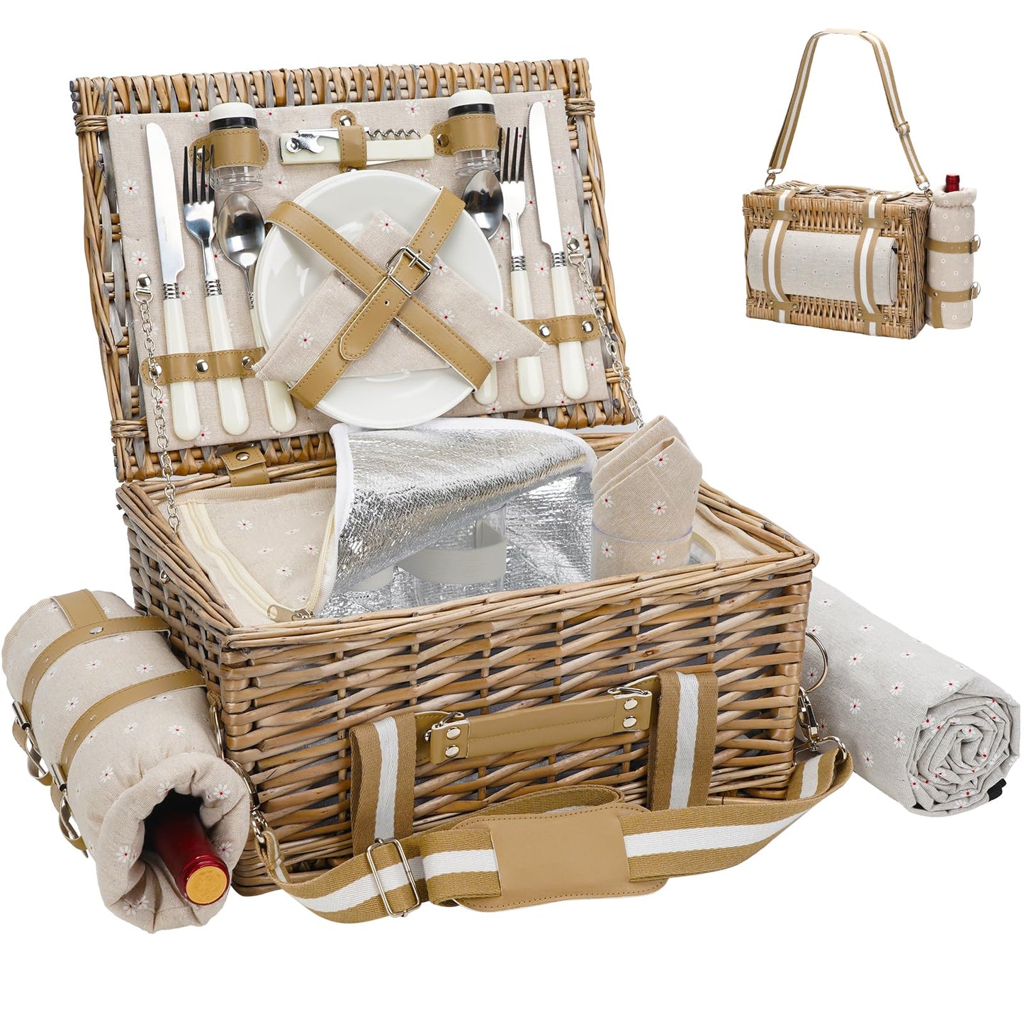 G GOOD GAIN Picnic Basket for 2-19Pcs Wicker Picnic Set with Waterproof Blanket & Wine Bag| Large Picnic Hamper with Insulated Cooler & Cutlery Kit for Couples Camping,White Flower