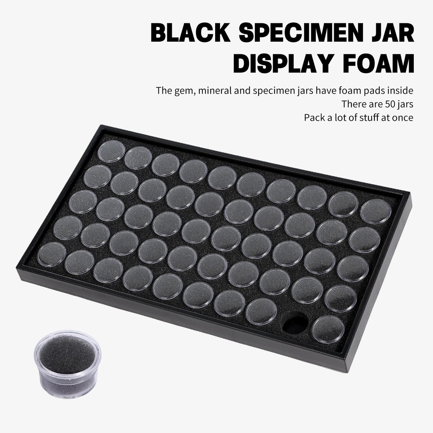 JasperKino 50 Gem Display Case Diamond Gemstone Storage Box, Small Round Plastic Containers Box Jewelry Organizer Container with Foam, Black Foam Gem Jars Showcase with 50 Gemstones Storage Jar
