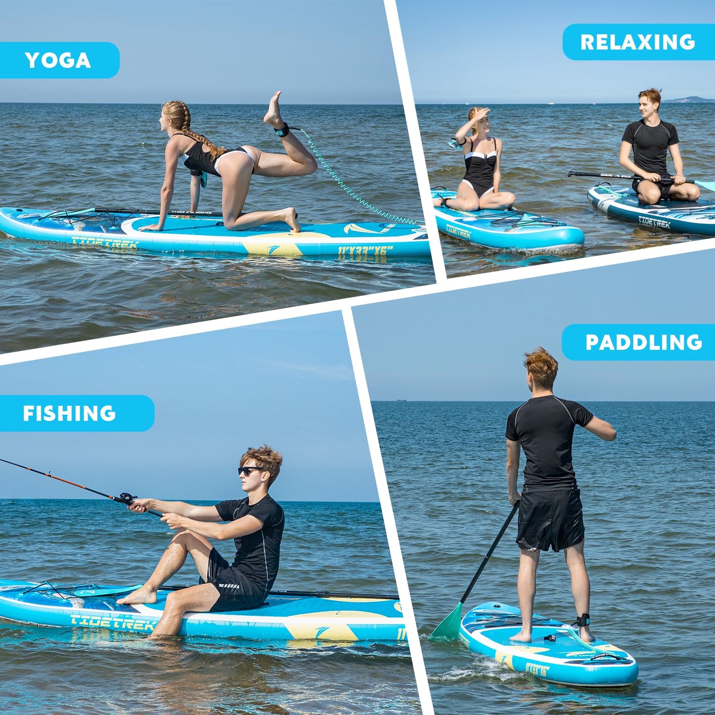 TIDETREK 11'/11'6" x 33"/34" x 6" Inflatable SUP Paddle Board – Extra-Wide, Stable Stand Up Paddle Board with Premium Full Accessory Set for Adults & Youth (Blue Turtle/Kayak Seat, 11'x33 x6)