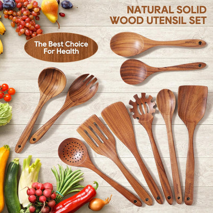 Skiennix Wooden Spoons Set - 10PCS Teak Cookware Utensils with Hooks | Smooth Finish & Heat Resistant