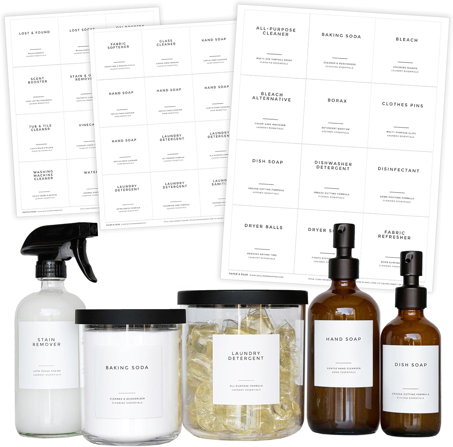 Clean-Modern White Bathroom Labels, Laundry & Cleaning Labels by Paper & Pear, Set of 36 Waterproof Labels