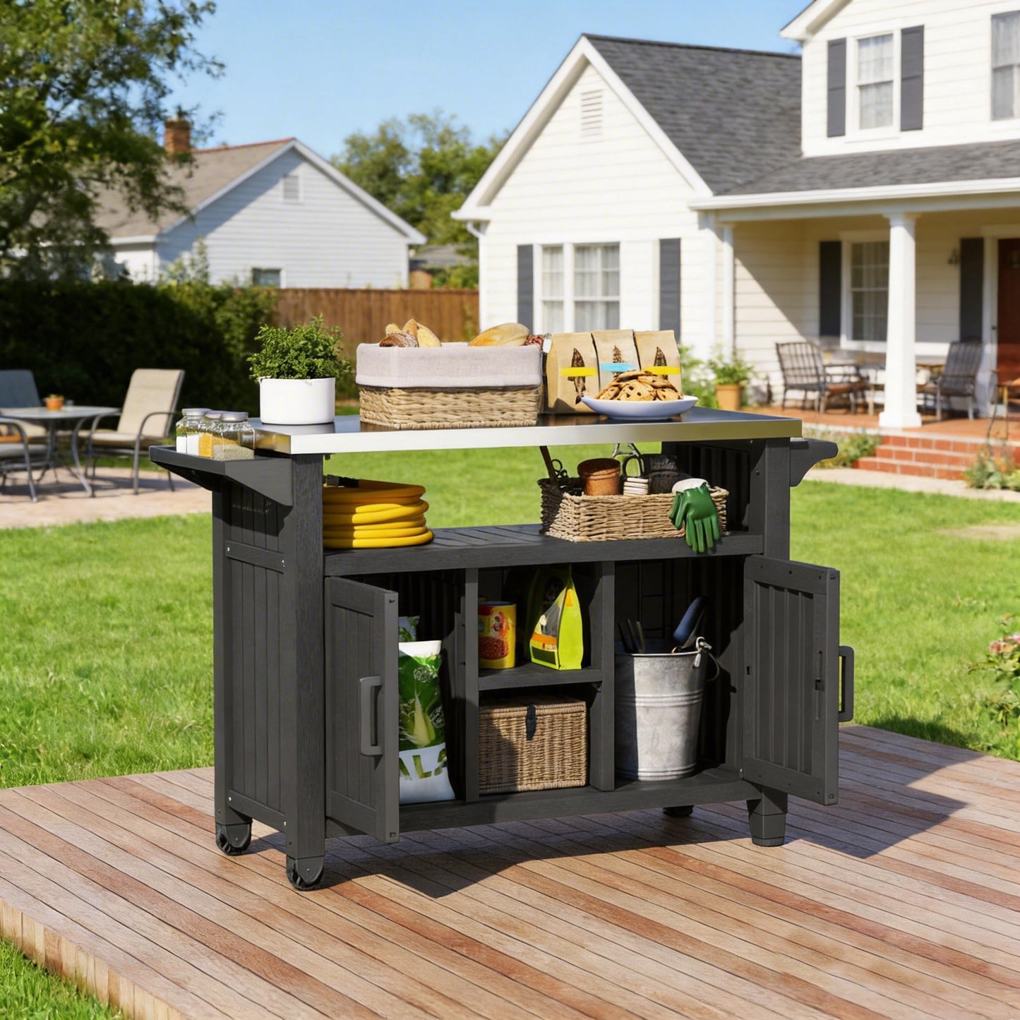 Bifanuo Resin Outdoor Grill Cart, Outdoor Kitchen Island with Stainless Steel Top & Storage Cabinet for Kitchen Prep, Weatherproof Grill Table for BBQ Food Prep, Black