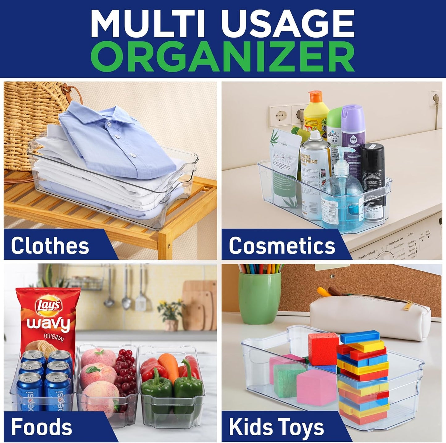 Pantry Organizers and Storage Bins, Stackable Clear Bins for Kitchen and Freezer, Multi-Purpose Kitchen Storage Bins -