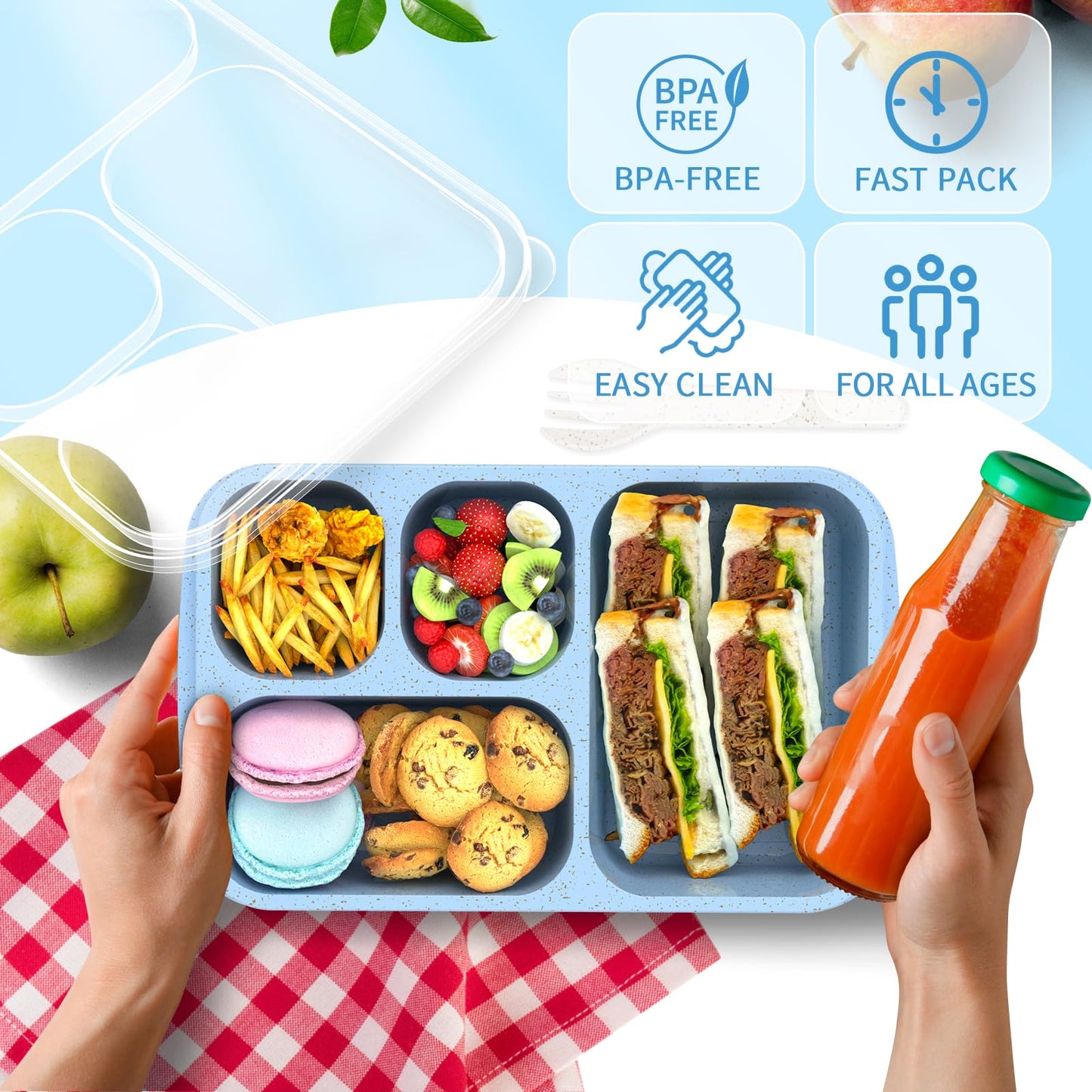 Large Capacity Bento Box for Adults, 4-Piece Set – Stackable Lunch Box with 4 Compartments, Microwave & Dishwasher Safe, Reusable Meal Prep Containers, Snack Containers for Kids & Adults (4 Colors)