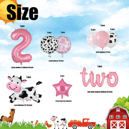 Cow Balloon Cow Shape Mylar Balloon 2nd Birthday Party Decoration Pink 40 Inch Large Number 2 TWO Letter Banner Balloons Cowgirl Farm Animal Theme Birthday Party Decor 24 Pcs
