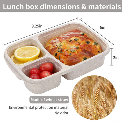 buluker 4 Pack Bento Lunch Box Set 3 Compartment Food Storage Containers Wheat Straw Meal Prep Lunch Box Plastic Food Storage Containers, Microwave and Dishwasher Safe (light colour)