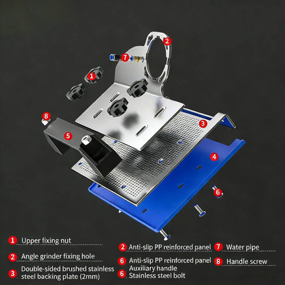 45 Degree Tile Chamfering Tool for 100-Type Angle Grinders, Universal Stand with 5 Diamond Saw Blades, Gloves, 39 Inch Hose, Screwdriver, Adapter Washers