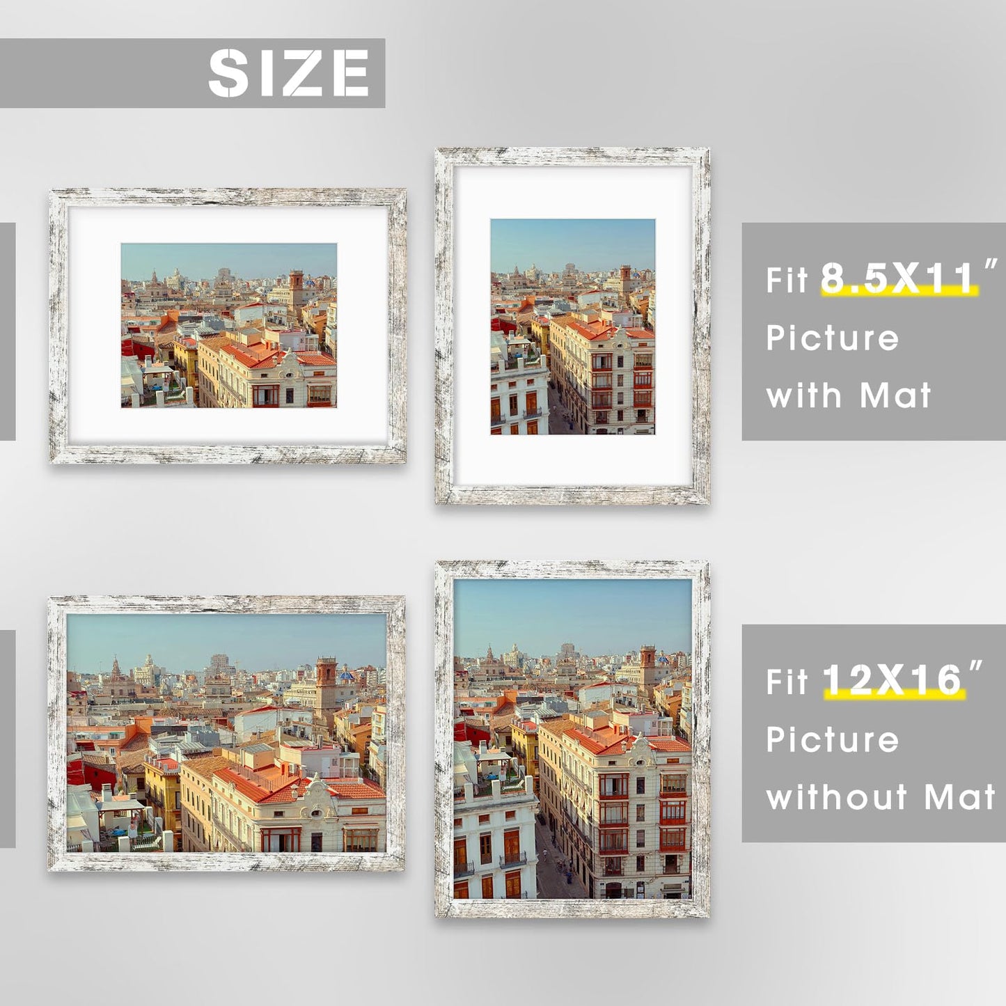Frametory, 12x16 Picture Frame, Display Pictures 8.5x11 With Mat or 12x16 without Mat, for Poster Print Diamond Painting Wall Frame - Wide Molding (Distressed White)