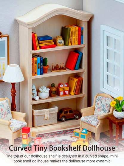 KooingTech Mini Bookshelf, Dollhouse Bookshelf for Mini Books, 1:12 Miniature Bookshelf of Miniature Dollhouse Furniture, Wooden Doll House Book Shelf, Dollhouse Bookcase Wood Color (1)