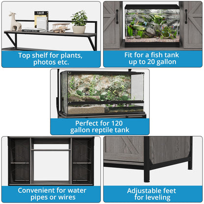 VOWNER Farmhouse Reptile Tank Stand with Power Outlet, 48" X 24" Tabletop Fits up to 120 Gallon Bearded Dragon Tank, Heavy Duty Aquarium Stand with Storage Cabinet, Reptile Turtle Terrarium Stand Grey
