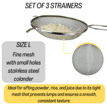 Mesh Strainers - Stainless Steel Fine Mesh Strainer - Colander-Skimmer with Handle - Sieve Sifters for Food - Strainer Sieve - Set of 3 Kitchen Strainers