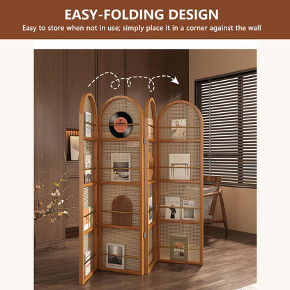 Rattan Room Divider Portable Partition with Built-in Bookshelf, 67" Foldable Privacy Screen for Room Separation, Home Office, Bedroom, 2 Panel Design