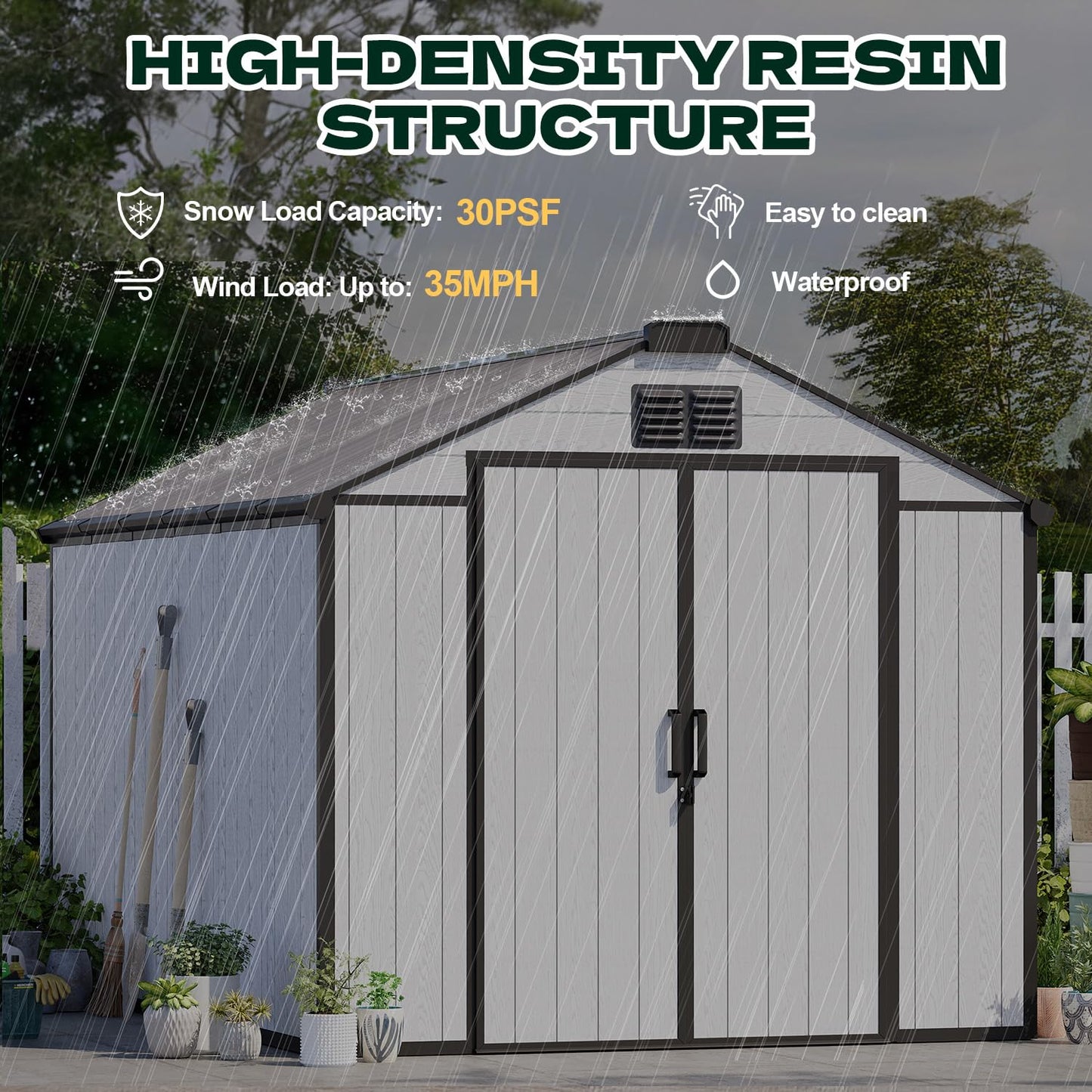DNYKER 8 x 12 FT Resin Outdoor Storage Shed, All-Weather Plastic Garden Shed with Floor, Lockable Doors & Windows, Plastic Tool Shed for Poolside, Backyard, Patio