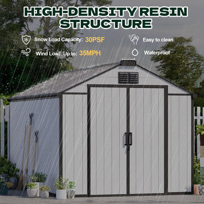 DNYKER 8 x 10 FT Resin Outdoor Storage Shed with Floor, Plastic Outdoor Storage Tool Shed with Windows and Lockable Door, Patio Garden Shed for Lawnmower, Bike, Pool Supply