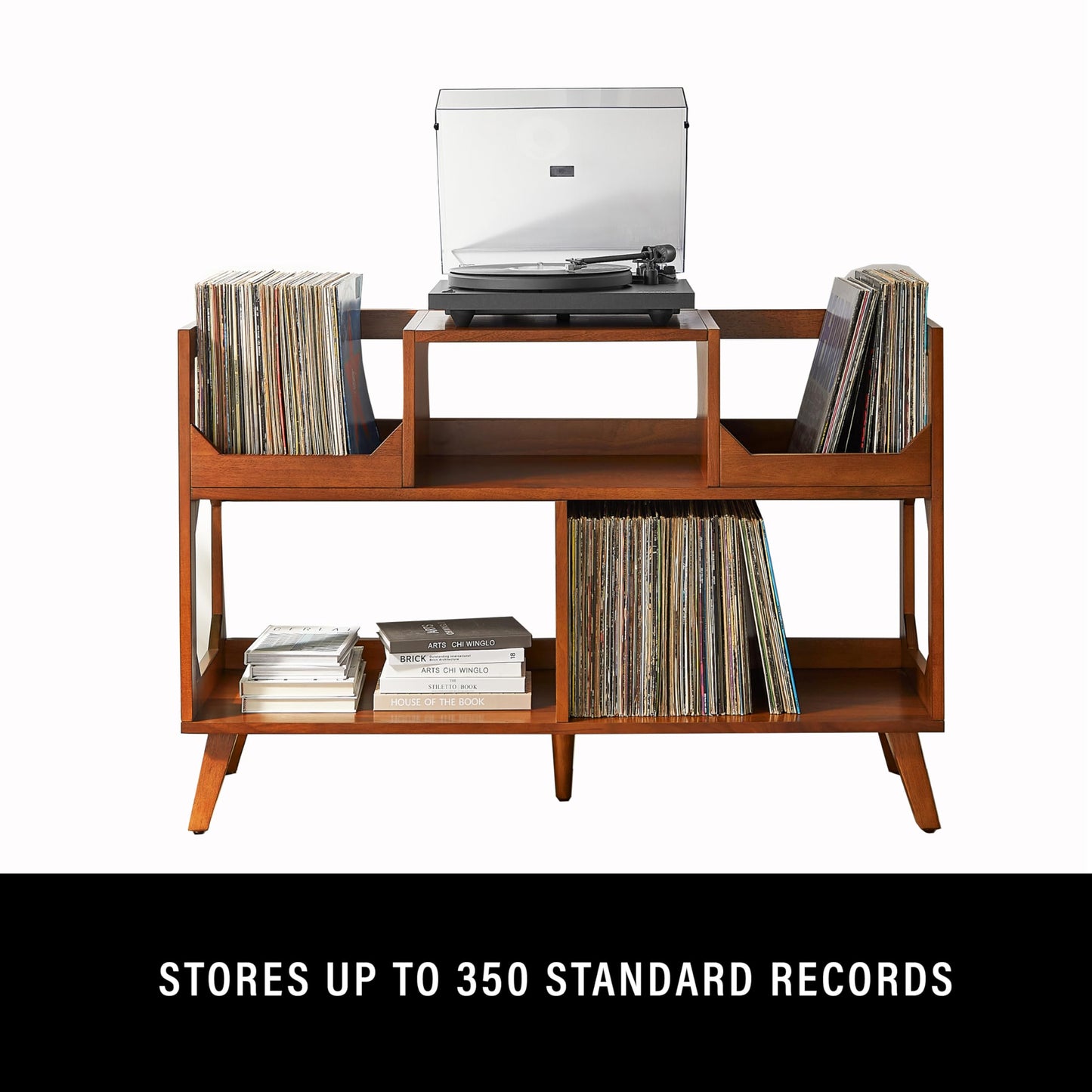 Crosley Furniture Asheville Mid-Century Modern Media Console Record Player Stand, Storage for Vinyl Records, Large, Walnut