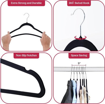 LDC Black Velvet Hangers - Premium Non-Slip Felt Clothes Hangers | 30 Pack with 360° Swivel Hook - Black