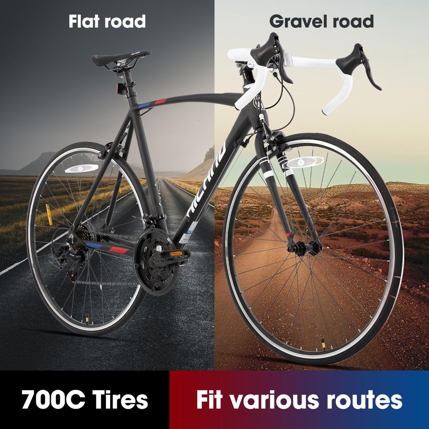 HILAND 14 Speeds 700C Road Bike, Light Weight Aluminum Frame Sport Bike, Racing Bike for Men Women Adult Bicycle 57 CM Frame Black
