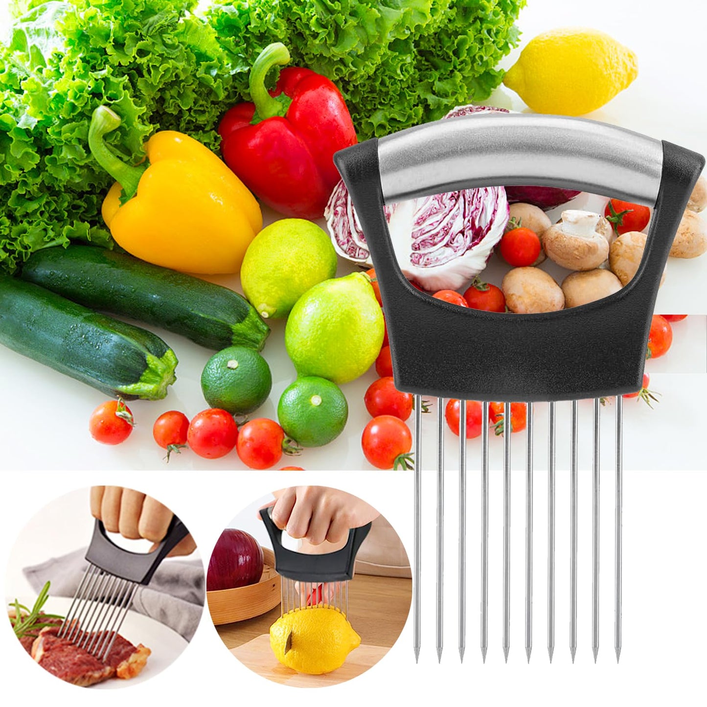 JAYVAR Onion Holder for Slicing, 3 Pieces Tomato Slicer, Stainless Steel Onion Chopper Veggie Cutter for Potato and Avocados, Food Slicer Assistant Tool, Useful Kitchen Gadgets Meat Tenderizer