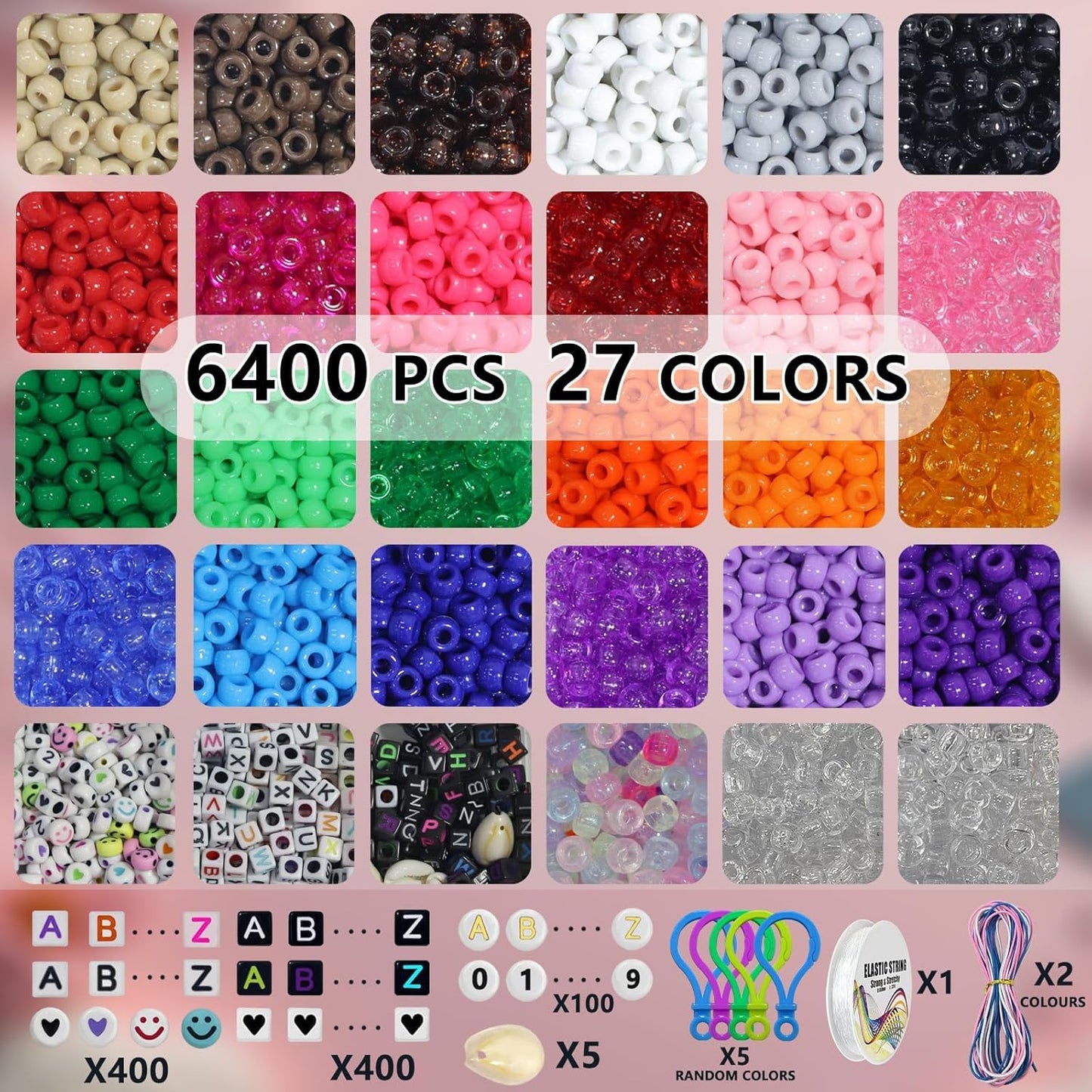 LIS HEGENSA 6300 Pcs DIY Childrens Crafts Beads Friendship Bracelet Kit, Pony Beads Letter Beads and Bracelet Making Kit, Colorful Charms, Used for Custom Necklace Bracelets and Jewelry (6300PCS)