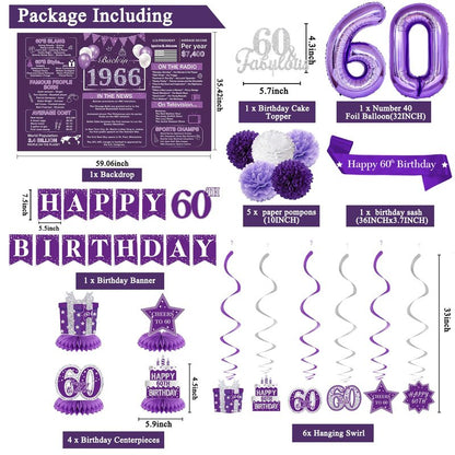 Crenics Purple 60th Birthday Decorations for Women - Back in 1966 Backdrop, Banner, Swirls, Centerpieces, Sash, Paper Pom Poms, Cake Topper and Balloons for 60 Birthday Party Supplies