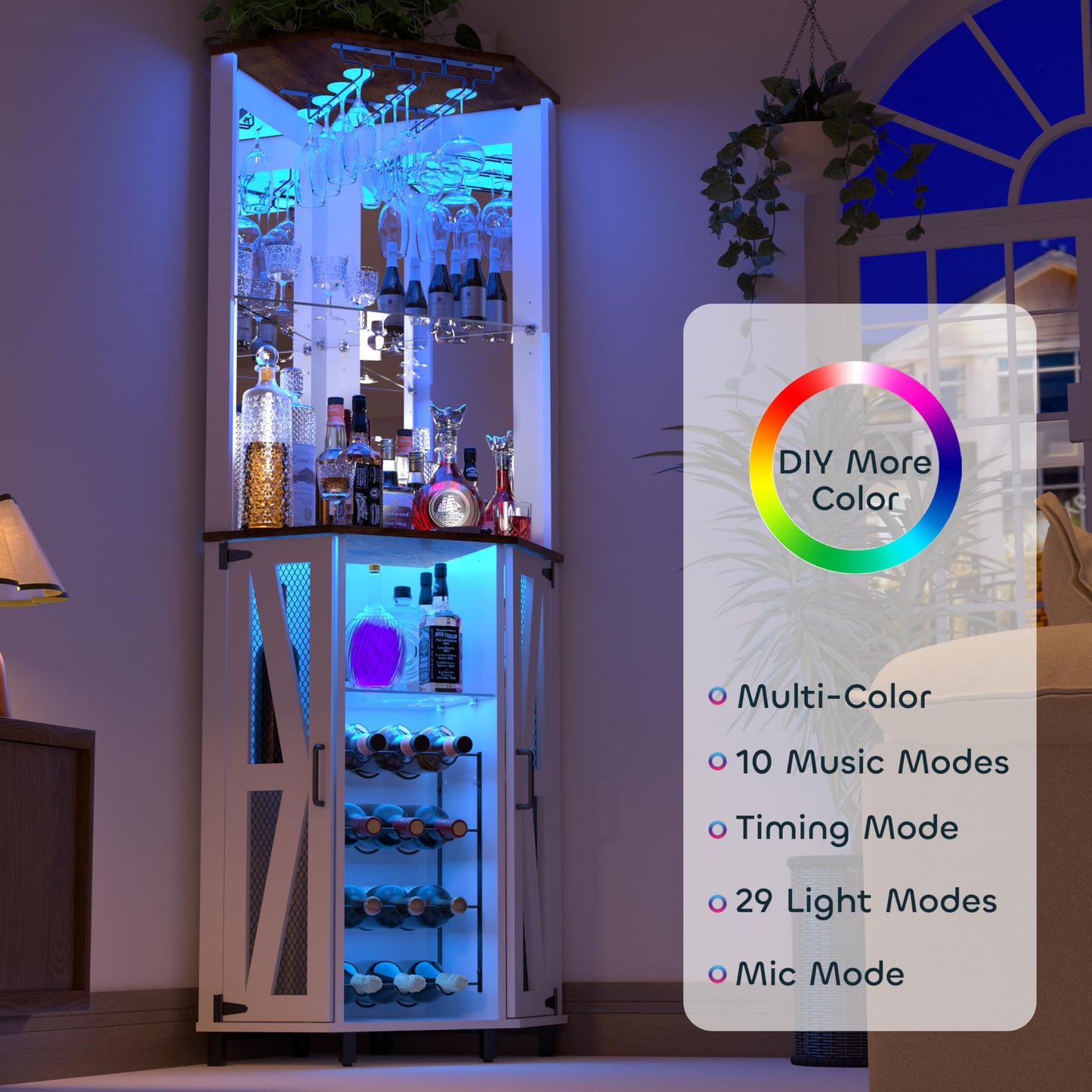 Oransail 68.9“ Tall Corner Bar Cabinet, Wine Bar with LED Light and Mirror, Farmhouse Liquor Cabinet with Adjustable Shelf & Glass Rack, for Dining Room, Living Room