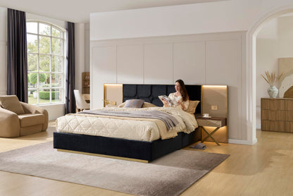 GDFStudio King Size Velvet Platform Bed Frame with LED Wall Lights & Floating Nightstands, Upholstered Headboard with Metal & Wood Frame, No Box Spring Needed, Easy Assembly, Black