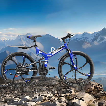 MarKnig 26 Inch Adult Folding Bikes/Mountain Bikes, 21 Speeds Mountain Bicycles with Full Suspension, Dual Disc Brake, High Carbon Steel Frame, Foldable Bike for Men/Women/Teen, Blue
