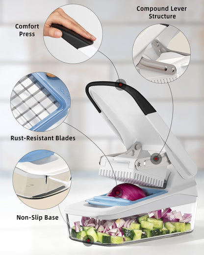 MR.SIGA Vegetable Chopper with Container, 2 in 1 Manual Hand Food Chopper with 2 Stainless Steel Chopping Blades for Potato Strips, Onion Cubers, Carrot Sticks, White & Black