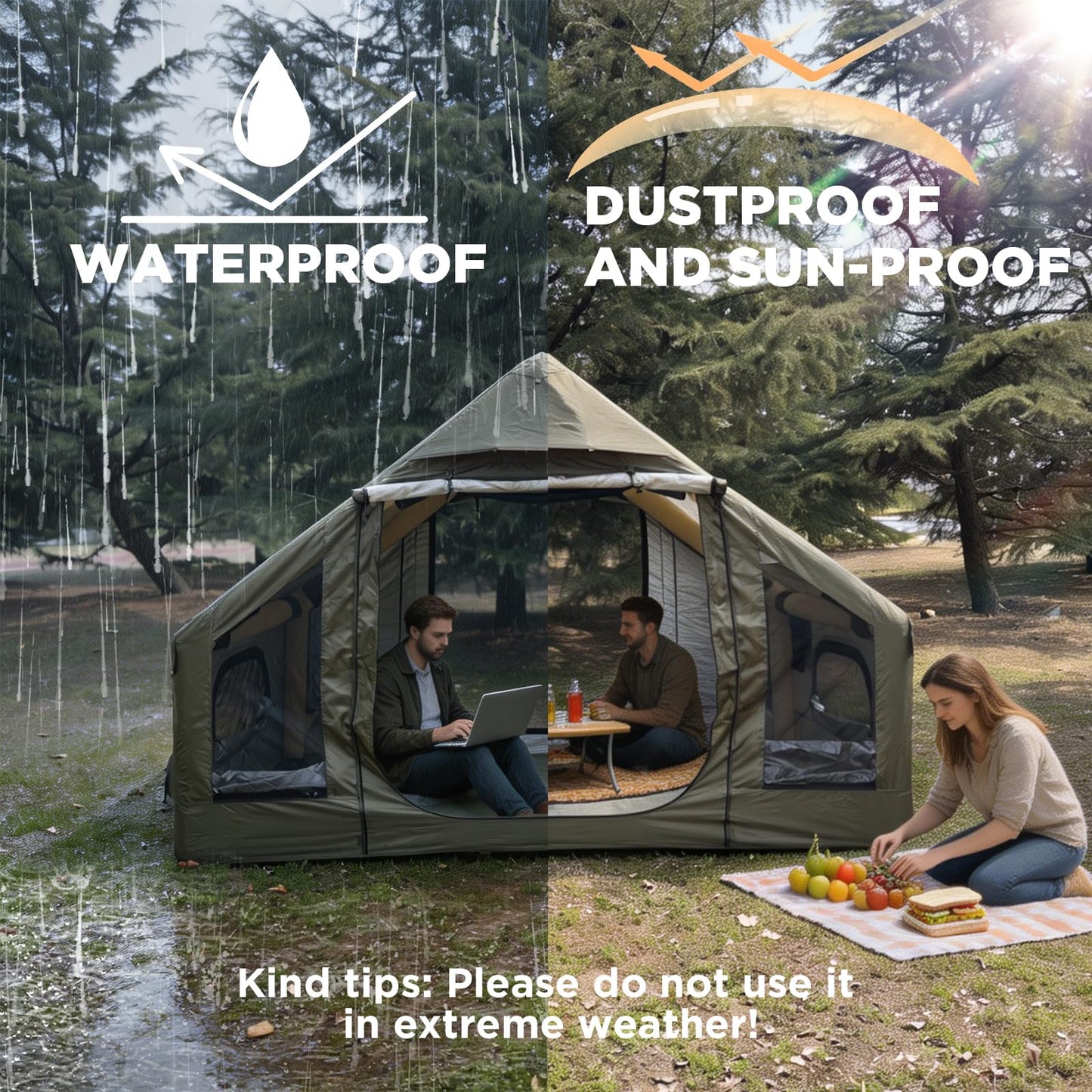 Romantic Camp Inflatable Camping Tent for 4-6 Person, Waterproof Blow up Tent with Pump, 4-Season Hot Tent for Camping & Hiking
