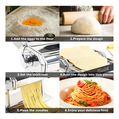 Pasta Maker Machine With 7 Adjustable Thickness Settings, Stainless Steel Manual Noodle Maker,Pasta Roller& Cutters With Removable Handle and Clamp For Kitchen