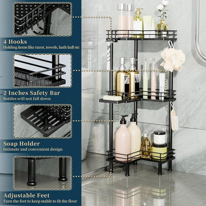 Consumest 3-Tier Corner Shower Caddy - Stainless Steel Organizer with Soap Holder & 4 Hooks, Black
