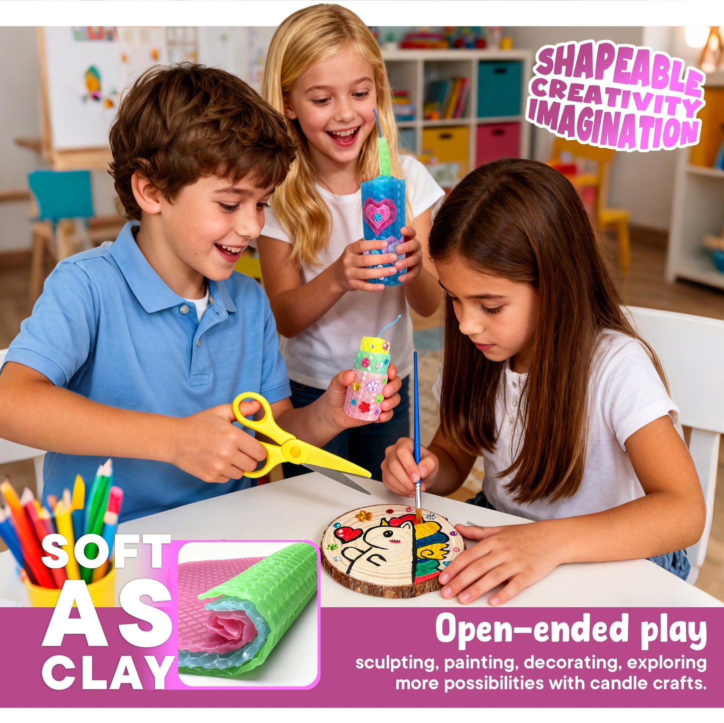 SMEAGOLORIYA Candle Making Kit, DIY Moldable Wax Craft Set with 10 Vibrant Sheets, Paints, Stickers & Wooden Stand | Creative Sensory Play, STEM Activity, Gift for Christmas Holiday Ages 12+