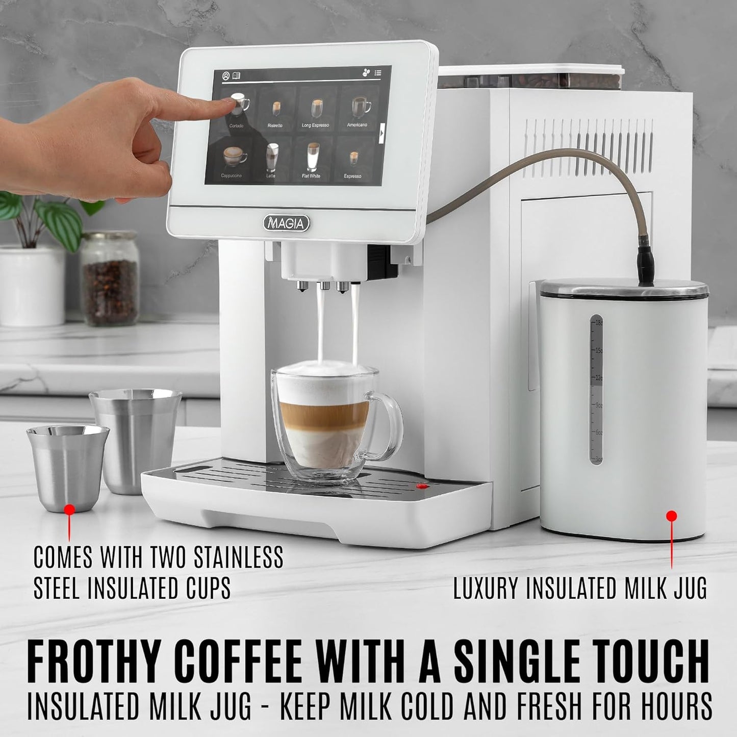 Zulay Magia Fully Automatic Espresso Machine - 19 Customizable Coffee Options | Includes Insulated Milk Container & Deluxe Cups - Auto-Cleaning - OG White