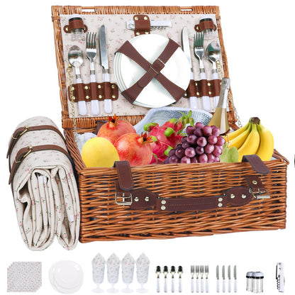 Picnic Baskets Wicker Willow Picnic Set for 4 Persons with Insulated Cooler Bag and White Floral Waterproof Picnic Blanket Gift for Christmas Thanksgiving Wedding Birthday Camp Outdoor Beach Travel
