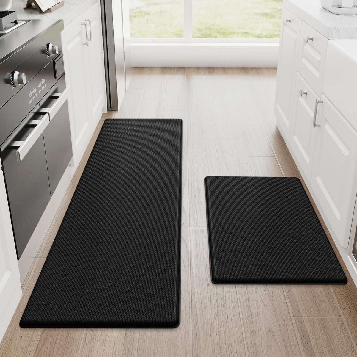 StepRite Kitchen Mats, 2PCS Kitchen Rugs, Cushioned Anti Fatigue Kitchen Mats for Floor, Non-Slip Standing Desk Mat, Waterproof Kitchen Rug Set for Kitchen, Floor, Office, 17.3"x30"+17.3"x47", Black