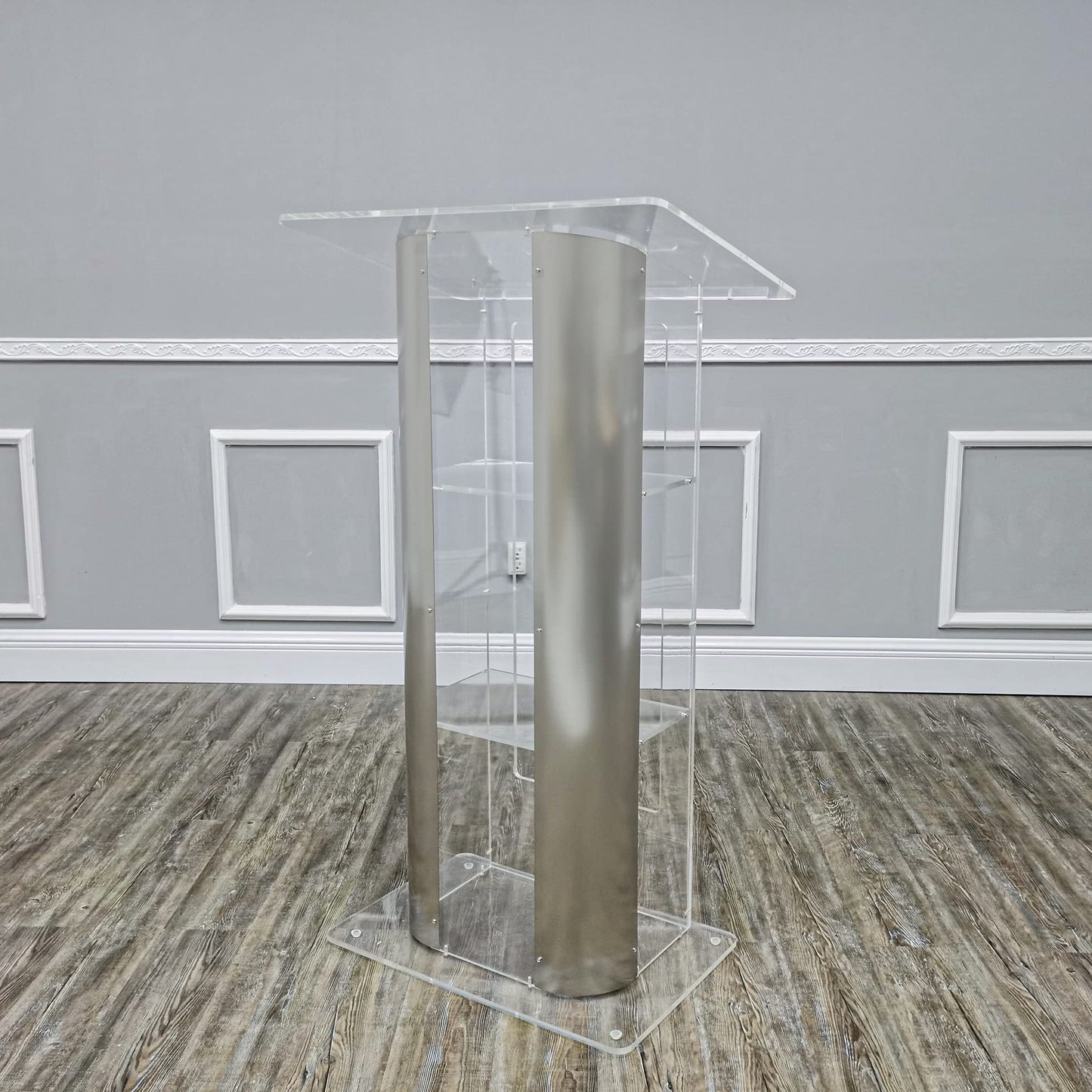 FixtureDisplays® Brushed Stainless Steel Sides Pulpit Clear Acrylic Plexiglass Podium Curved Lectern 14307NEW