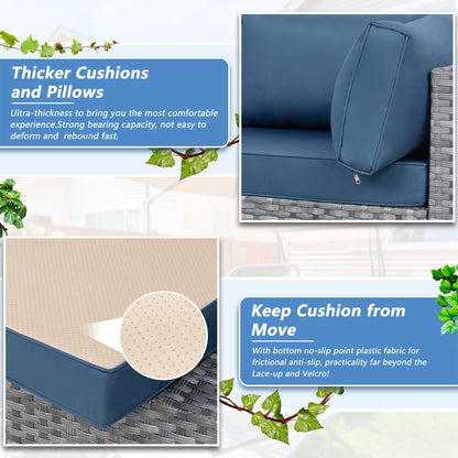 Patio Furniture Sets, 5 Piece Outdoor Sectional Sofas, Wicker Rattan Outdoor Furniture Patio Conversation Set, All-Weather PE Rattan Outdoor Couch for Backyard, Garden, Gray & Aegean Blue